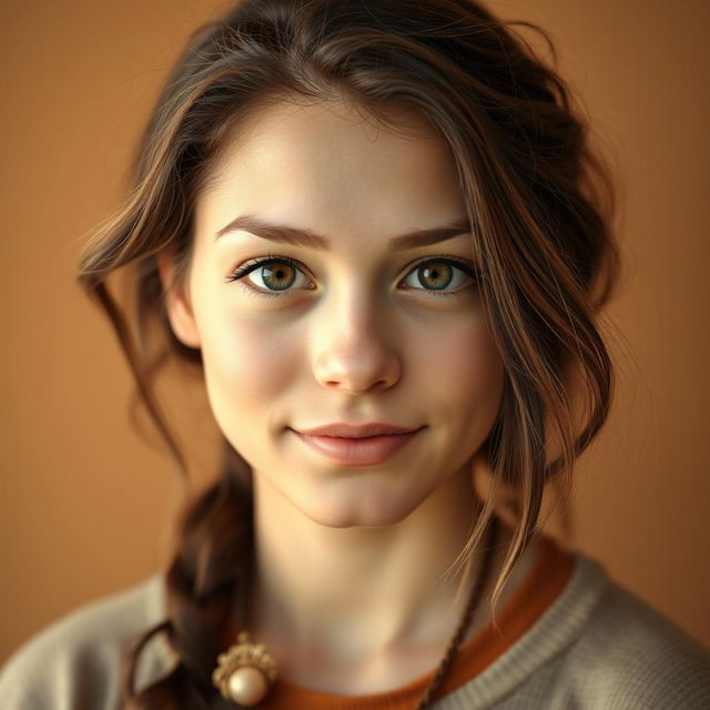 A portrait of a young woman with long, wavy dark brown hair that reflects a warm and grounded personality