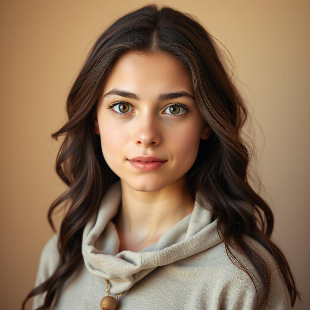 A portrait of a young woman with long, wavy dark brown hair that reflects a warm and grounded personality