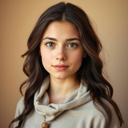 A portrait of a young woman with long, wavy dark brown hair that reflects a warm and grounded personality