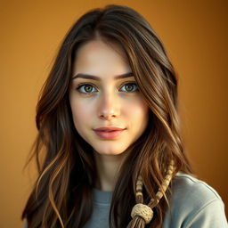 A portrait of a young woman with long, wavy dark brown hair that reflects a warm and grounded personality