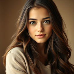 A portrait of a young woman with long, wavy dark brown hair that reflects a warm and grounded personality