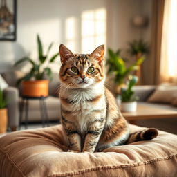 A beautiful and serene scene featuring a clean and well-groomed domestic cat sitting gracefully on a soft, plush cushion