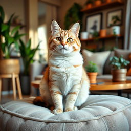 A beautiful and serene scene featuring a clean and well-groomed domestic cat sitting gracefully on a soft, plush cushion