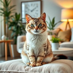 A beautiful and serene scene featuring a clean and well-groomed domestic cat sitting gracefully on a soft, plush cushion