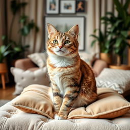 A beautiful and serene scene featuring a clean and well-groomed domestic cat sitting gracefully on a soft, plush cushion