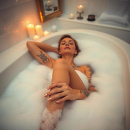 A woman relaxing in a luxurious bubble bath, the warm water and frothy bubbles gently covering her body while revealing her beautiful tattoos