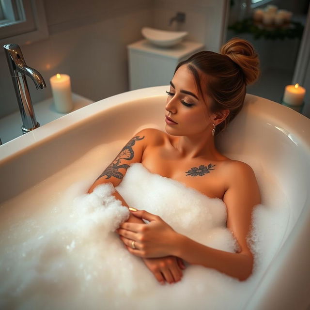 A woman relaxing in a luxurious bubble bath, the warm water and frothy bubbles gently covering her body while revealing her beautiful tattoos