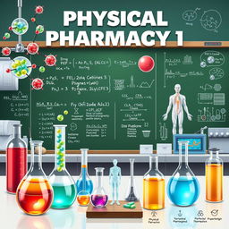 A detailed illustration of the concept of Physical Pharmacy I, incorporating elements of pharmaceutical design such as molecular structures, drug delivery systems, and laboratory equipment