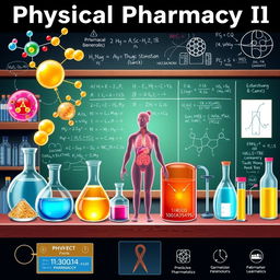 A detailed illustration of the concept of Physical Pharmacy I, incorporating elements of pharmaceutical design such as molecular structures, drug delivery systems, and laboratory equipment