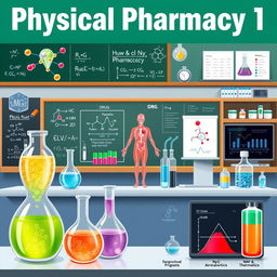 A detailed illustration of the concept of Physical Pharmacy I, incorporating elements of pharmaceutical design such as molecular structures, drug delivery systems, and laboratory equipment