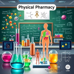 A detailed illustration of the concept of Physical Pharmacy I, incorporating elements of pharmaceutical design such as molecular structures, drug delivery systems, and laboratory equipment