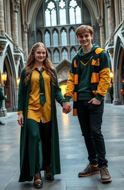 Abbey Cowen as a Weasley character in a Slytherin uniform, featuring green and silver colors, with a dark green tie, sleek robe, and a hint of a sly smile