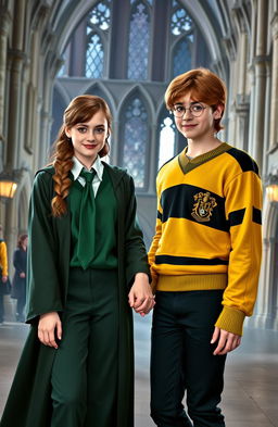 Abbey Cowen as a Weasley character in a Slytherin uniform, featuring green and silver colors, with a dark green tie, sleek robe, and a hint of a sly smile