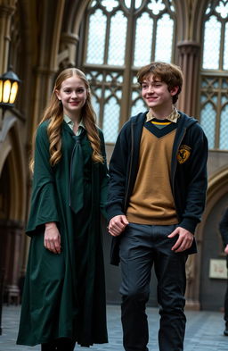 Abbey Cowen as a Weasley character in a Slytherin uniform, featuring green and silver colors, with a dark green tie, sleek robe, and a hint of a sly smile