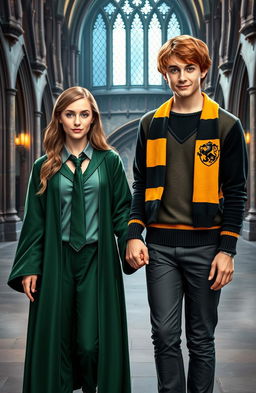 Abbey Cowen as a Weasley character in a Slytherin uniform, featuring green and silver colors, with a dark green tie, sleek robe, and a hint of a sly smile