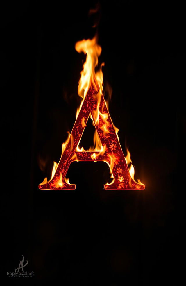 A glowing letter on fire in the center of the image, surrounded by a dark, ominous background, creating a mysterious and dramatic atmosphere