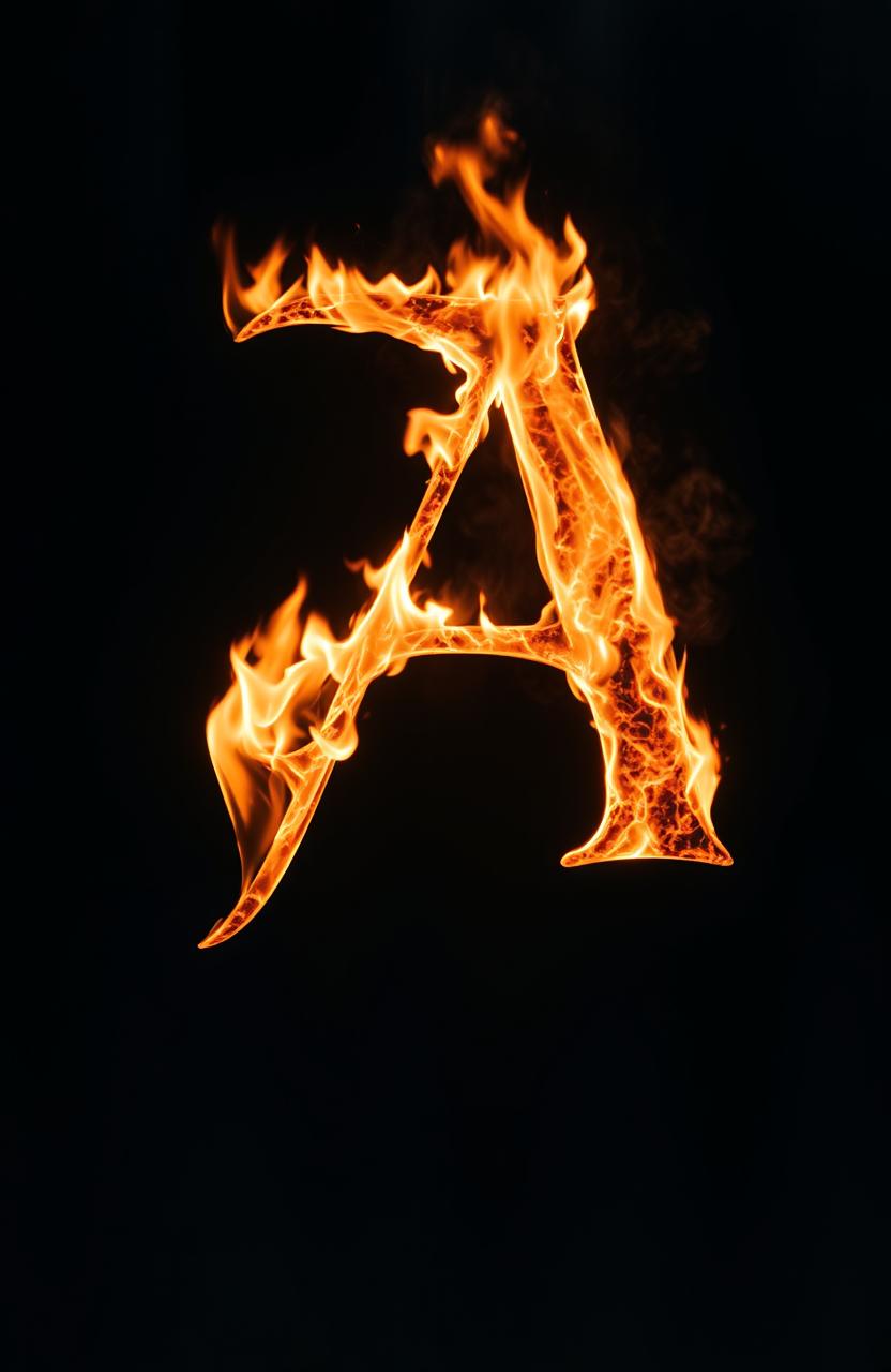 A glowing letter on fire in the center of the image, surrounded by a dark, ominous background, creating a mysterious and dramatic atmosphere