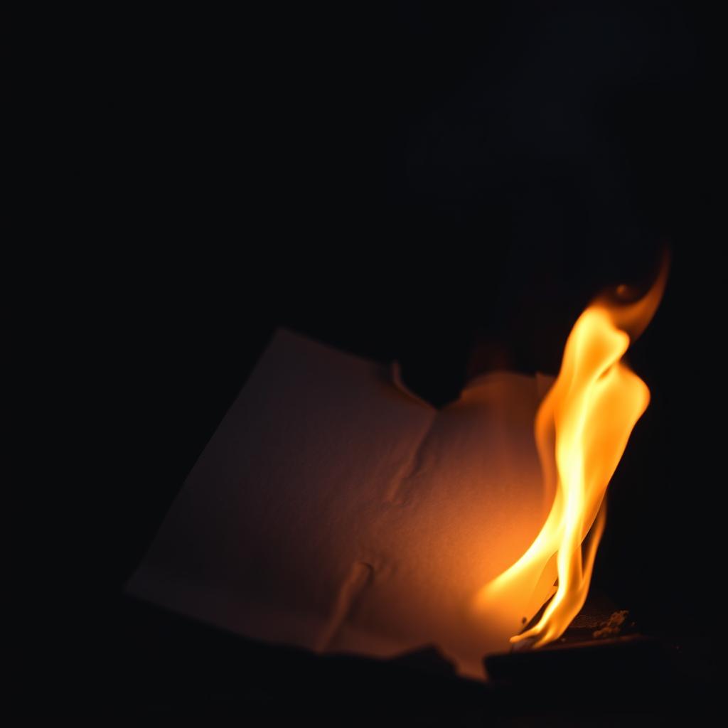 A letter engulfed in flames, situated in the foreground of the image, with a dark and shadowy background providing a stark contrast