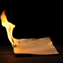 A letter engulfed in flames, situated in the foreground of the image, with a dark and shadowy background providing a stark contrast