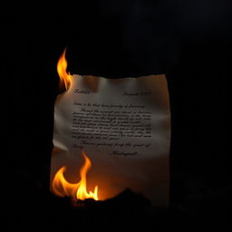 A letter engulfed in flames, situated in the foreground of the image, with a dark and shadowy background providing a stark contrast