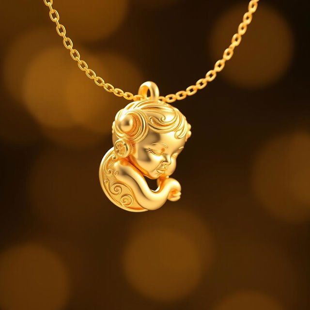 A stunning, intricately designed gold pendant featuring a delicate baby motif