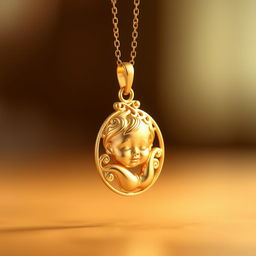 A stunning, intricately designed gold pendant featuring a delicate baby motif