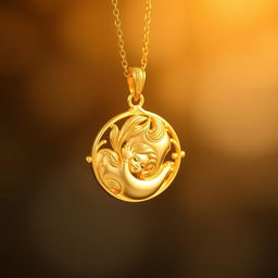 A stunning, intricately designed gold pendant featuring a delicate baby motif