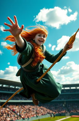 A Slytherin Seeker with long, vibrant ginger hair, clad in a dark green and silver Quidditch uniform, soaring high on a broomstick