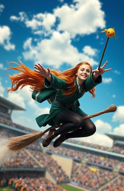 A Slytherin Seeker with long, vibrant ginger hair, clad in a dark green and silver Quidditch uniform, soaring high on a broomstick