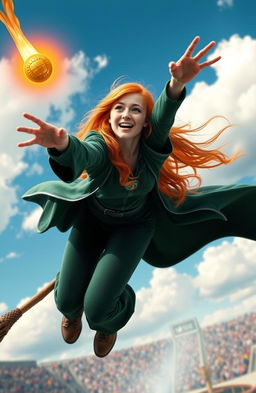 A Slytherin Seeker with long, vibrant ginger hair, clad in a dark green and silver Quidditch uniform, soaring high on a broomstick