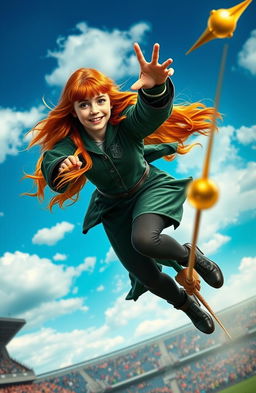 A Slytherin Seeker with long, vibrant ginger hair, clad in a dark green and silver Quidditch uniform, soaring high on a broomstick