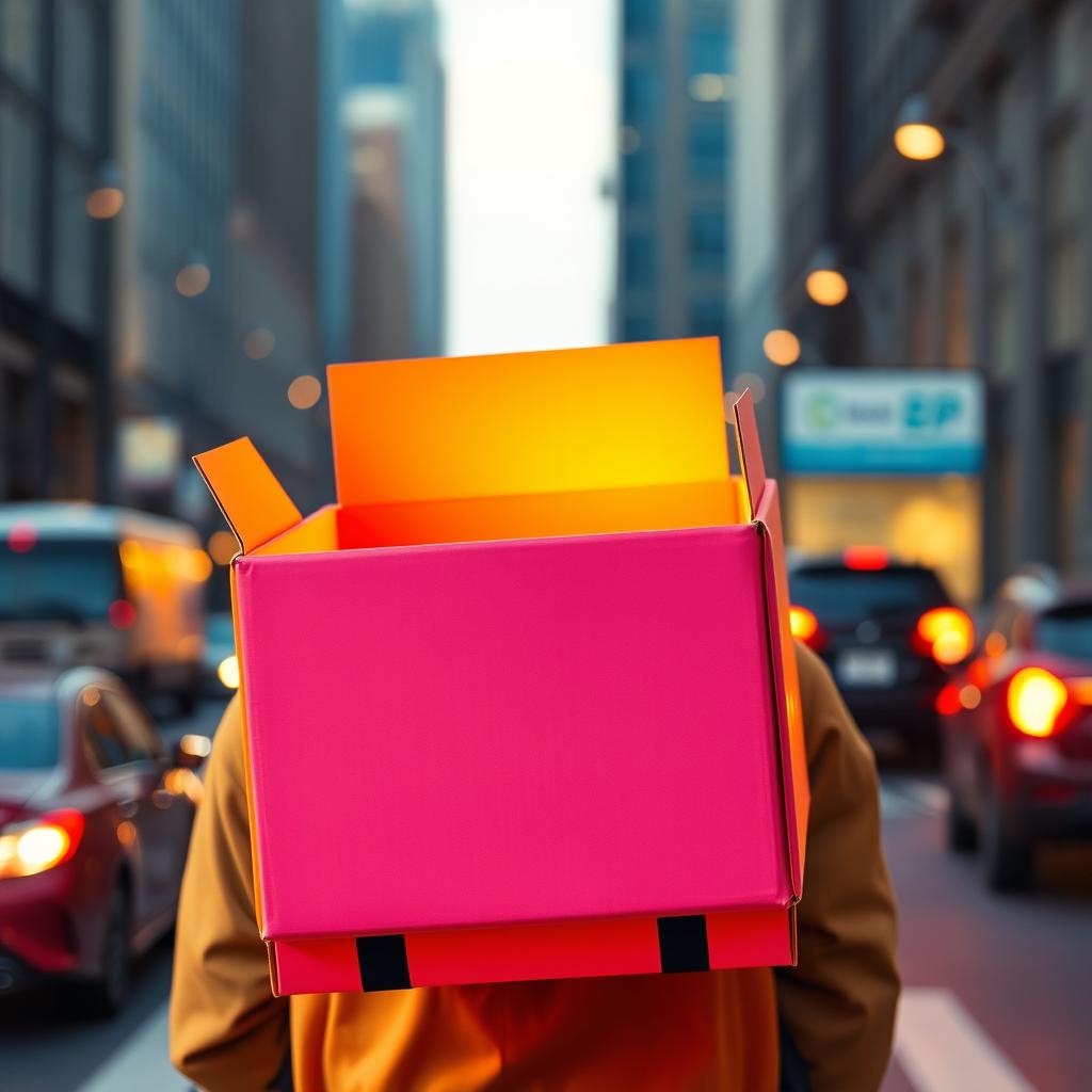 An open square delivery box, designed for delivery personnel to carry on their backs