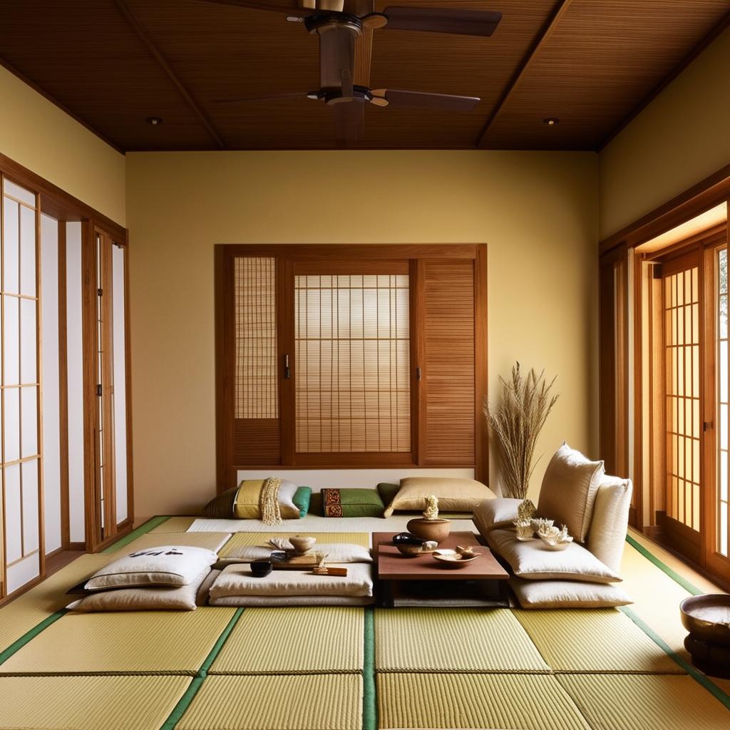 A spacious and luxuriously furnished living room in Japandi style, incorporating elements of traditional Indian decor, with warm tones and natural materials.