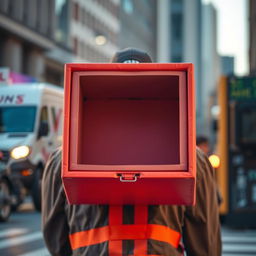 An open square delivery box, designed for delivery personnel to carry on their backs