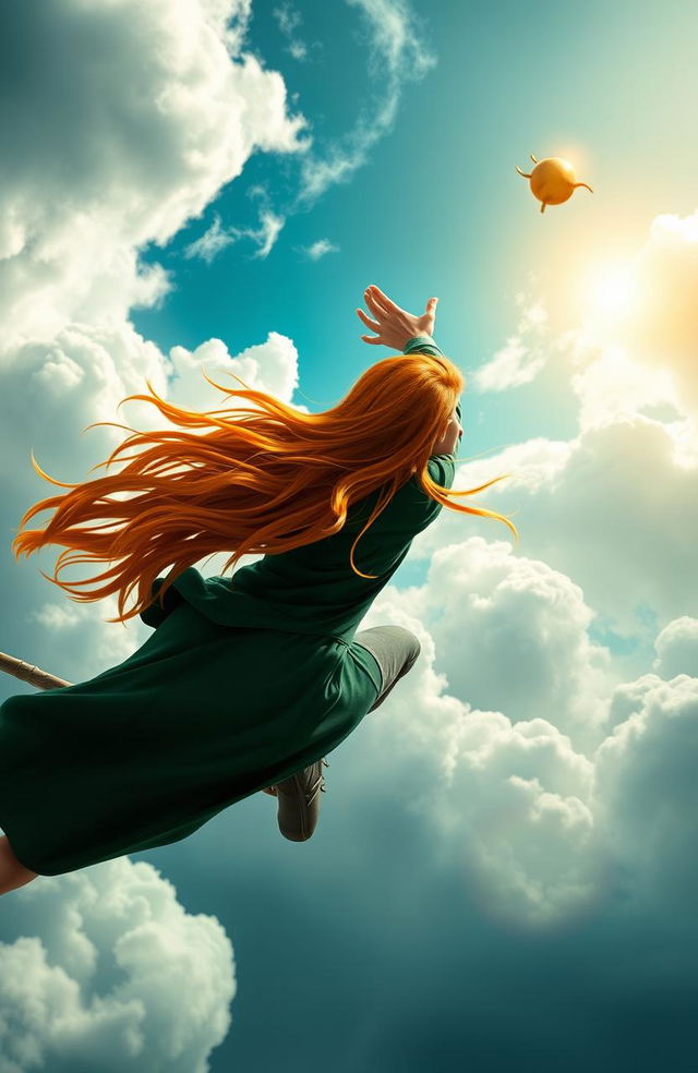 A dynamic scene of a Slytherin Quidditch Seeker captured from behind, showcasing a long ginger-haired girl with flowing hair soaring on a broomstick