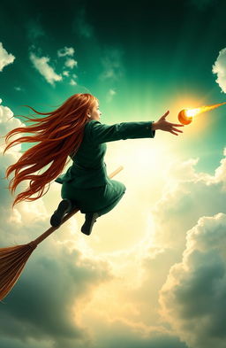A dynamic scene of a Slytherin Quidditch Seeker captured from behind, showcasing a long ginger-haired girl with flowing hair soaring on a broomstick