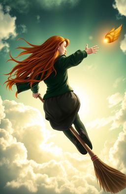 A dynamic scene of a Slytherin Quidditch Seeker captured from behind, showcasing a long ginger-haired girl with flowing hair soaring on a broomstick