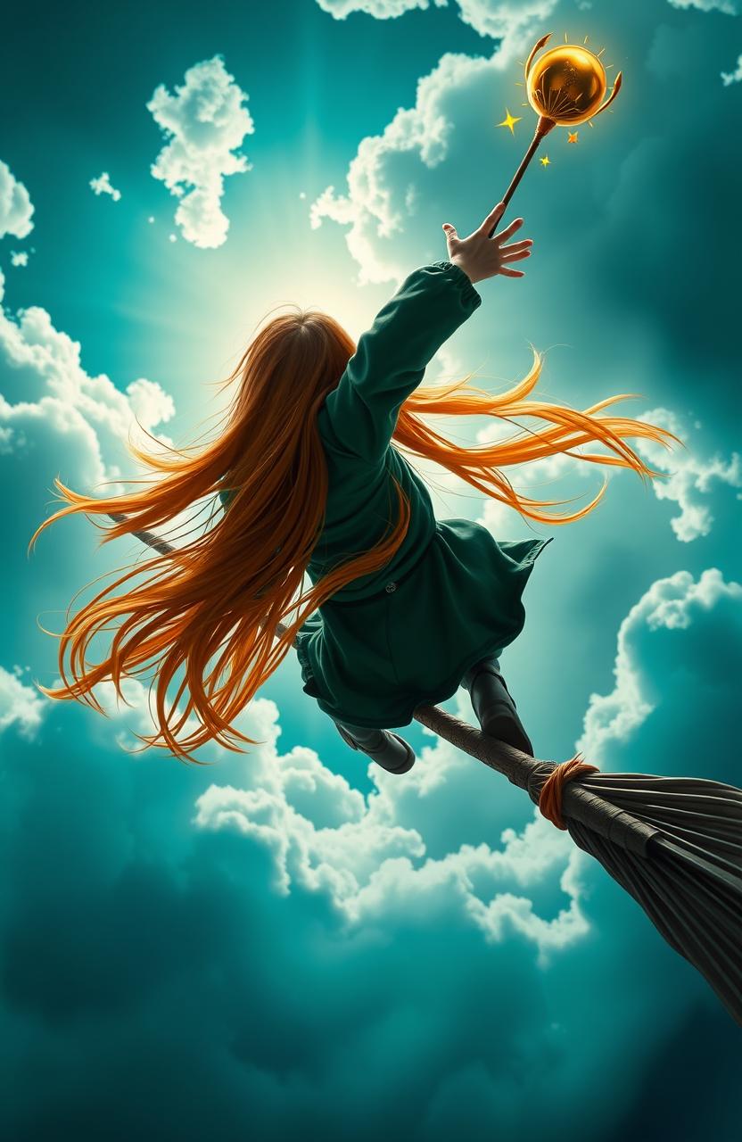 A dynamic scene of a Slytherin Quidditch Seeker captured from behind, showcasing a long ginger-haired girl with flowing hair soaring on a broomstick