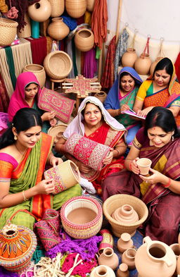 A group of diverse Indian women engaged in the creation of traditional handicraft products in a vibrant workshop