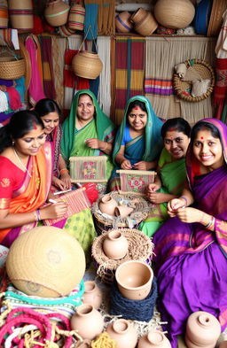 A group of diverse Indian women engaged in the creation of traditional handicraft products in a vibrant workshop