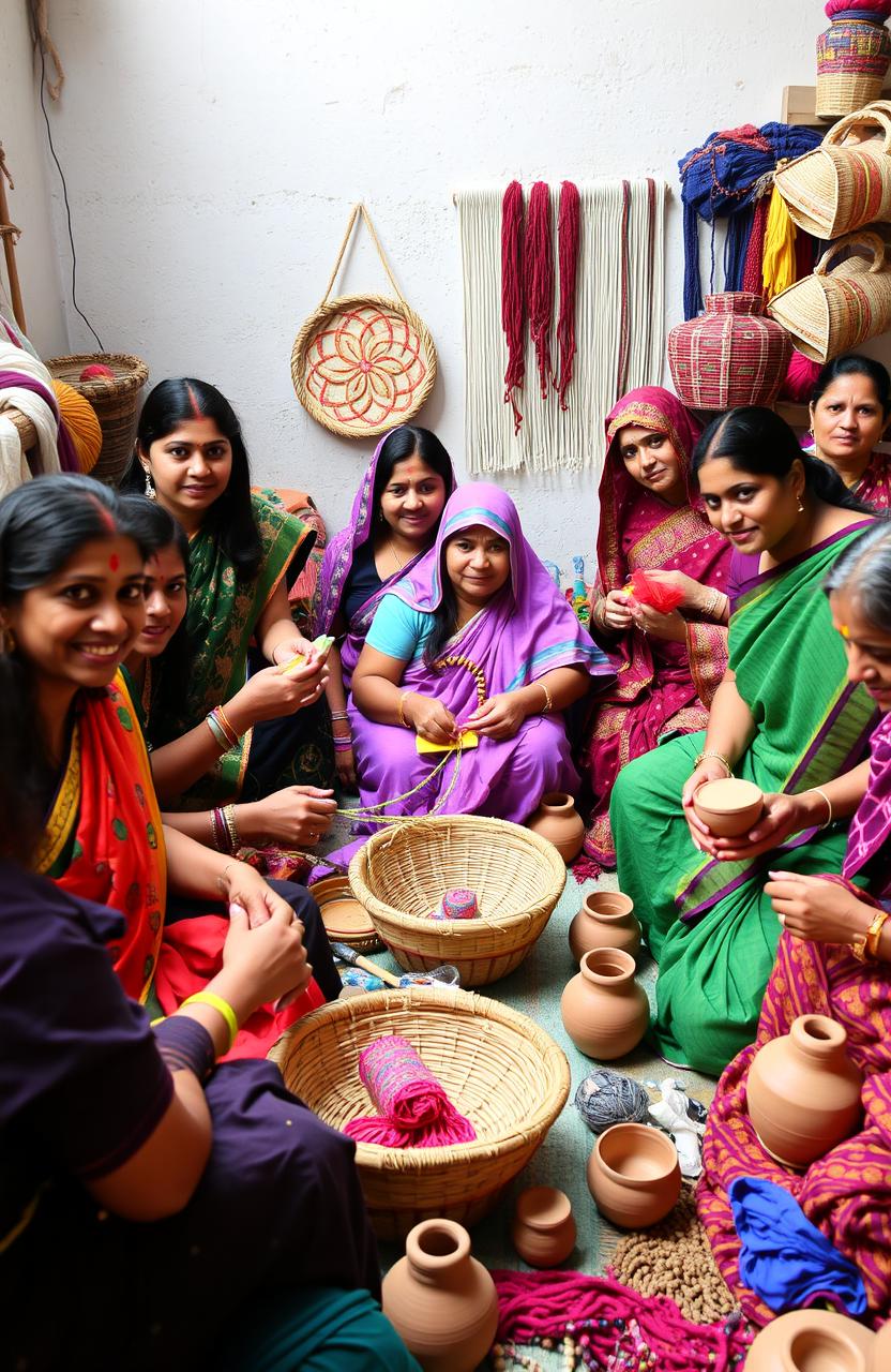 A group of diverse Indian women engaged in the creation of traditional handicraft products in a vibrant workshop