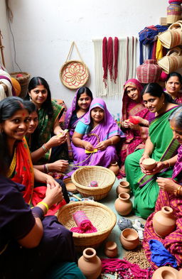 A group of diverse Indian women engaged in the creation of traditional handicraft products in a vibrant workshop