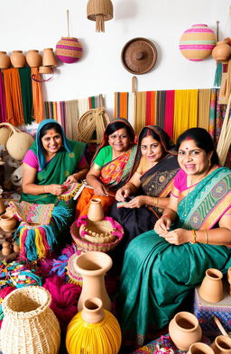A group of diverse Indian women engaged in the creation of traditional handicraft products in a vibrant workshop