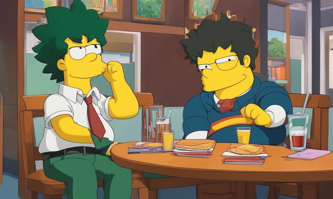 Midoriya Izuku from My Hero Academia in the style of The Simpsons, in Springfield with Bart Simpson.