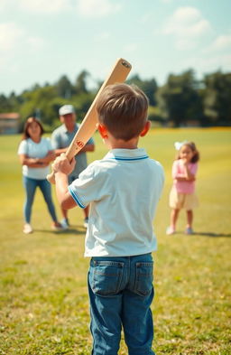 A young boy standing confidently with a cricket bat in hand, facing away from the viewer, showcasing excitement and determination as he practices his swing