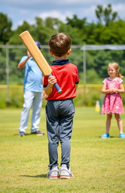 A young boy standing confidently with a cricket bat in hand, facing away from the viewer, showcasing excitement and determination as he practices his swing