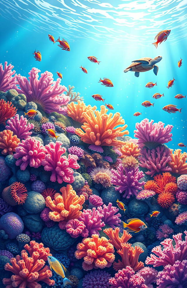 A vibrant underwater scene titled 'Coral Chronicles', showcasing a diverse coral reef teeming with life