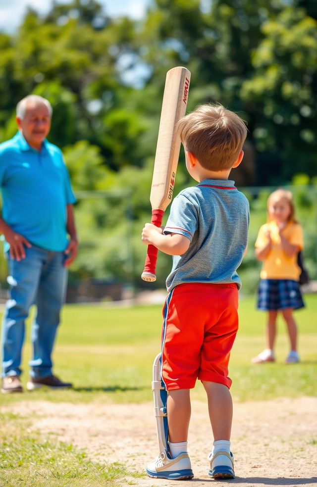 A young boy standing confidently with a cricket bat in hand, facing away from the viewer, showcasing excitement and determination as he practices his swing