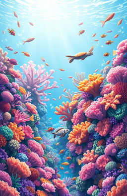 A vibrant underwater scene titled 'Coral Chronicles', showcasing a diverse coral reef teeming with life