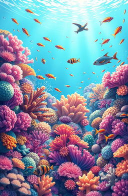 A vibrant underwater scene titled 'Coral Chronicles', showcasing a diverse coral reef teeming with life